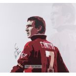 A signed Eric Cantona print on canvas depicting the iconic image of him with his Manchester United