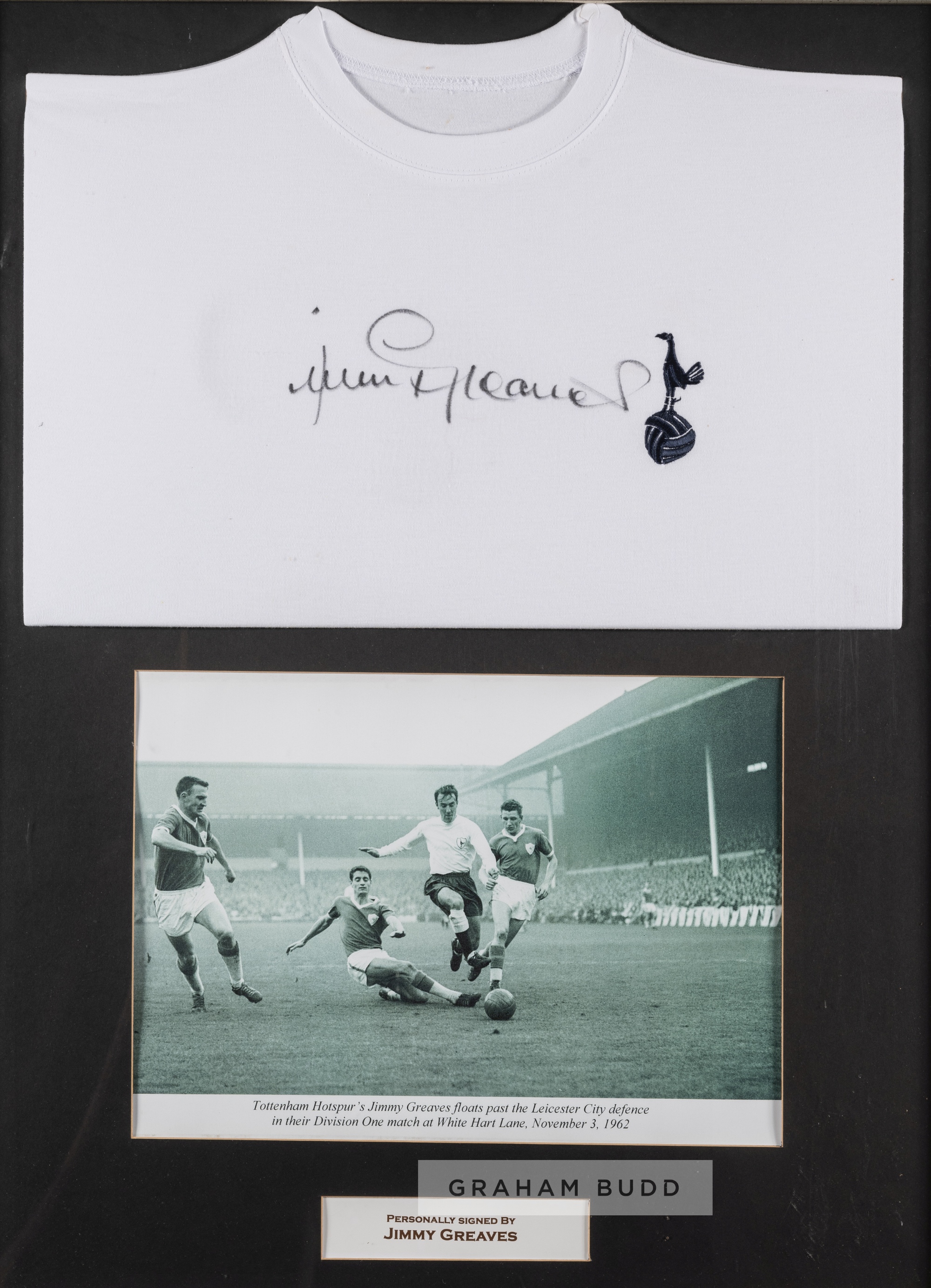 Jimmy Greaves signed white Tottenham Hotspur replica jersey display, comprising white jersey