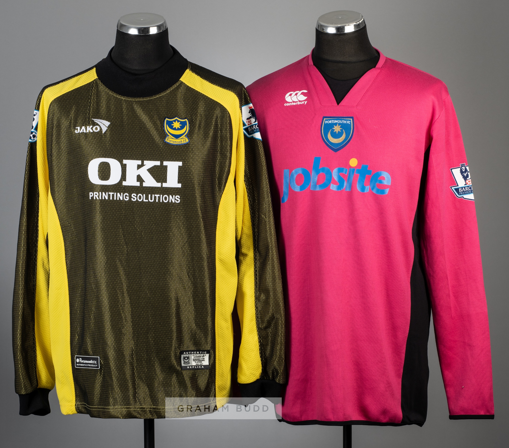 Two Portsmouth goalkeeper's jerseys for season's 2005-06 and 2009-10, comprising Dean Kiely yellow