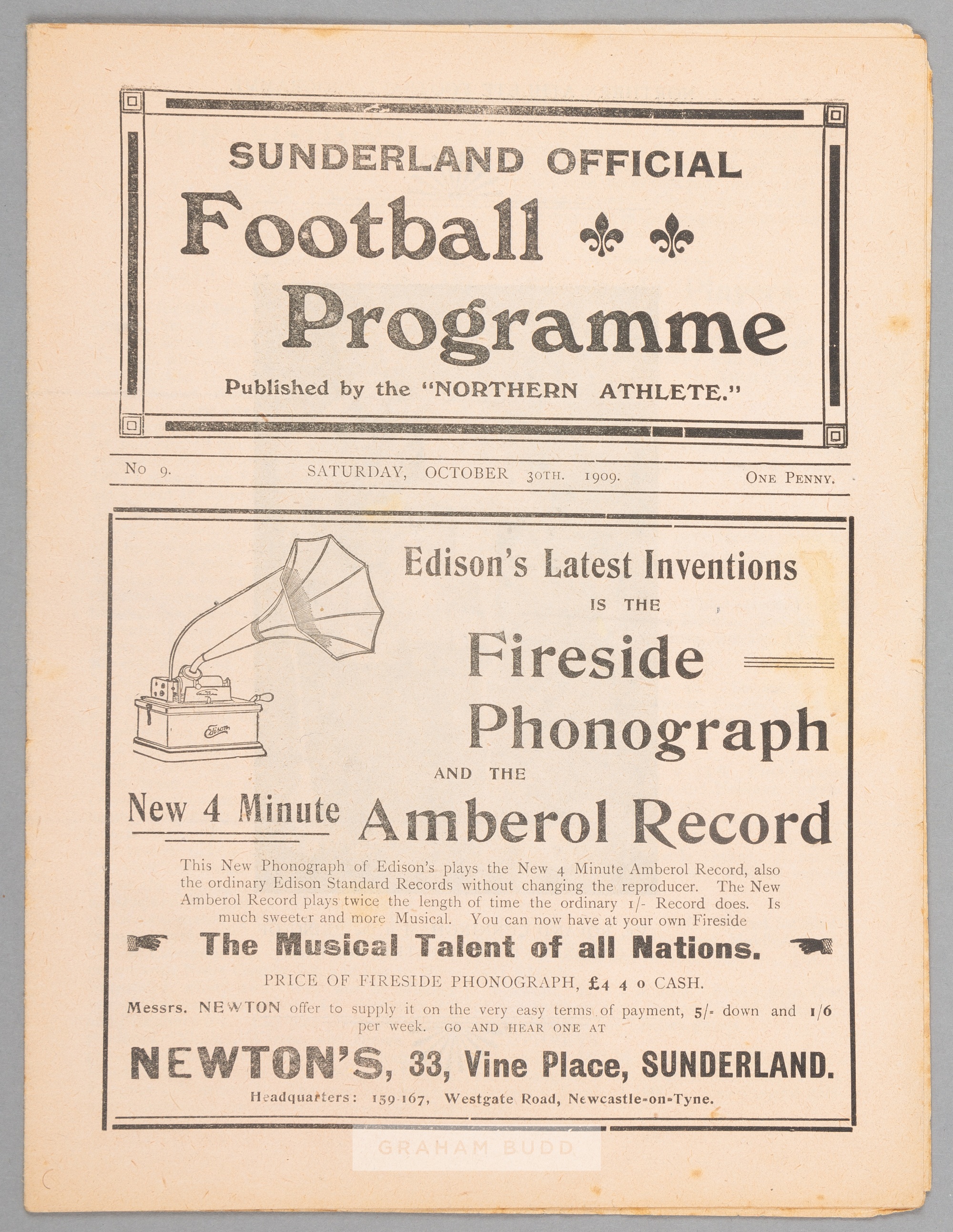 Sunderland v Chelsea programme 30th October 1909, F.L. Division One fixture