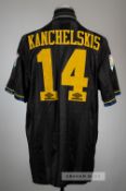Andrei Kanchelskis black Manchester United no.14 away jersey, season 1993-94, Umbro, short-sleeved