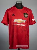 Signed red Manchester United souvenir jersey, season 2019-20, Adidas, short-sleeved with club