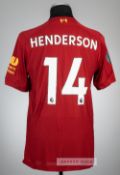 Jordan Henderson red Liverpool no.14 home jersey, season 2019-20 New Balance, short-sleeved with