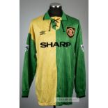Denis Irwin green and yellow Manchester United no.3 third choice jersey, season 1992-93, Umbro,
