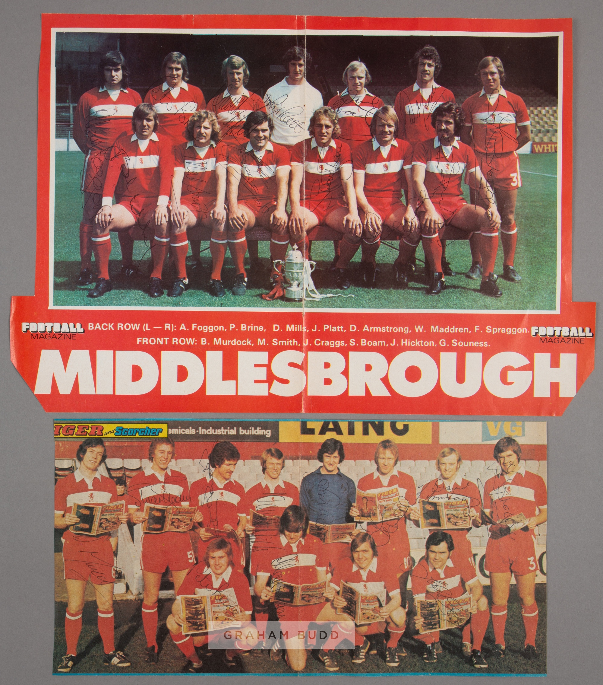 Middlesbrough 1973-74 and 1974-75 autographed large colour double page team photographs,  pre-season