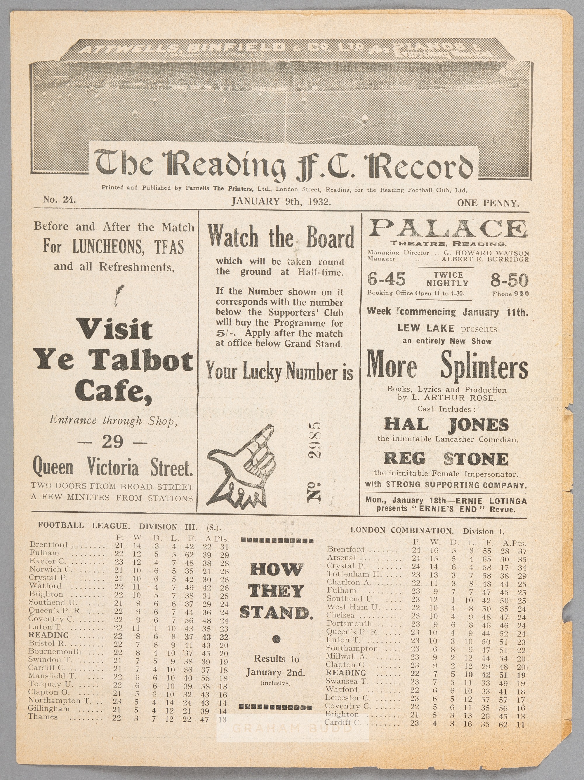 Reading v Thames programme 9th January 1932, F.L. Third Division South fixtures This was from AFC