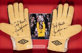 David Seaman signed Arsenal goalkeeper's gloves display, featuring a pair of yellow Umbro