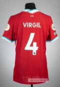 Virgil van Dijk red Liverpool no.4 home jersey worn in the match v Arsenal 28th September 2020,