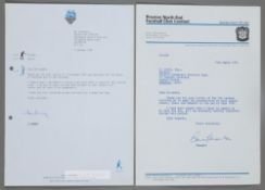 PRESTON NORTH END F.C 1974 SIR BOBBY CHARLTON AND 1996 SIR TOM FINNEY PAIR OF AUTOGRAPH LETTERS ON