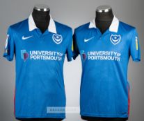 Two signed Portsmouth home jerseys, season 2020-21, comprising Andy Cannon blue no.14 jersey,