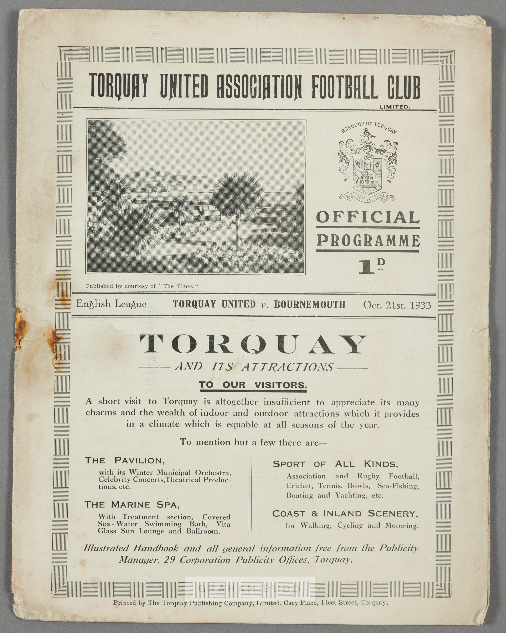Torquay United v Bournemouth & Boscombe Athletic programme 21st October 1933, F.L. Division Three (