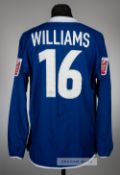 Gareth Williams signed blue and white Leicester City no.16 home jersey, season 2004-05, Le Coq