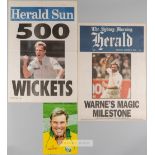 SHANE WARNE (1969-2022) ORIGINAL AUTOGRAPHED COLOUR 12”x8” CRICKET PHOTOGRAPH OF WARNE IN HEAD AND