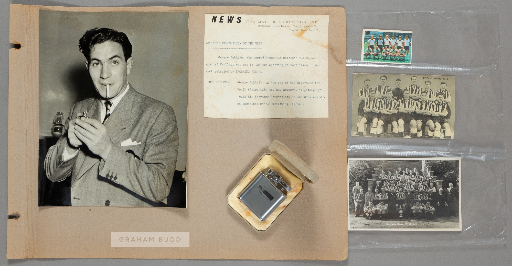 A Ronson chrome cigarette lighter awarded to Newcastle United's George Robledo for "Sporting