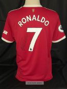 Cristiano Ronaldo CR7 autographed red Manchester United no.7 replica home jersey, season 2021-22,