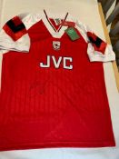 Patrick Vieira signed red and white Arsenal replica home jersey 1992-93, Score Draw, short-sleeved