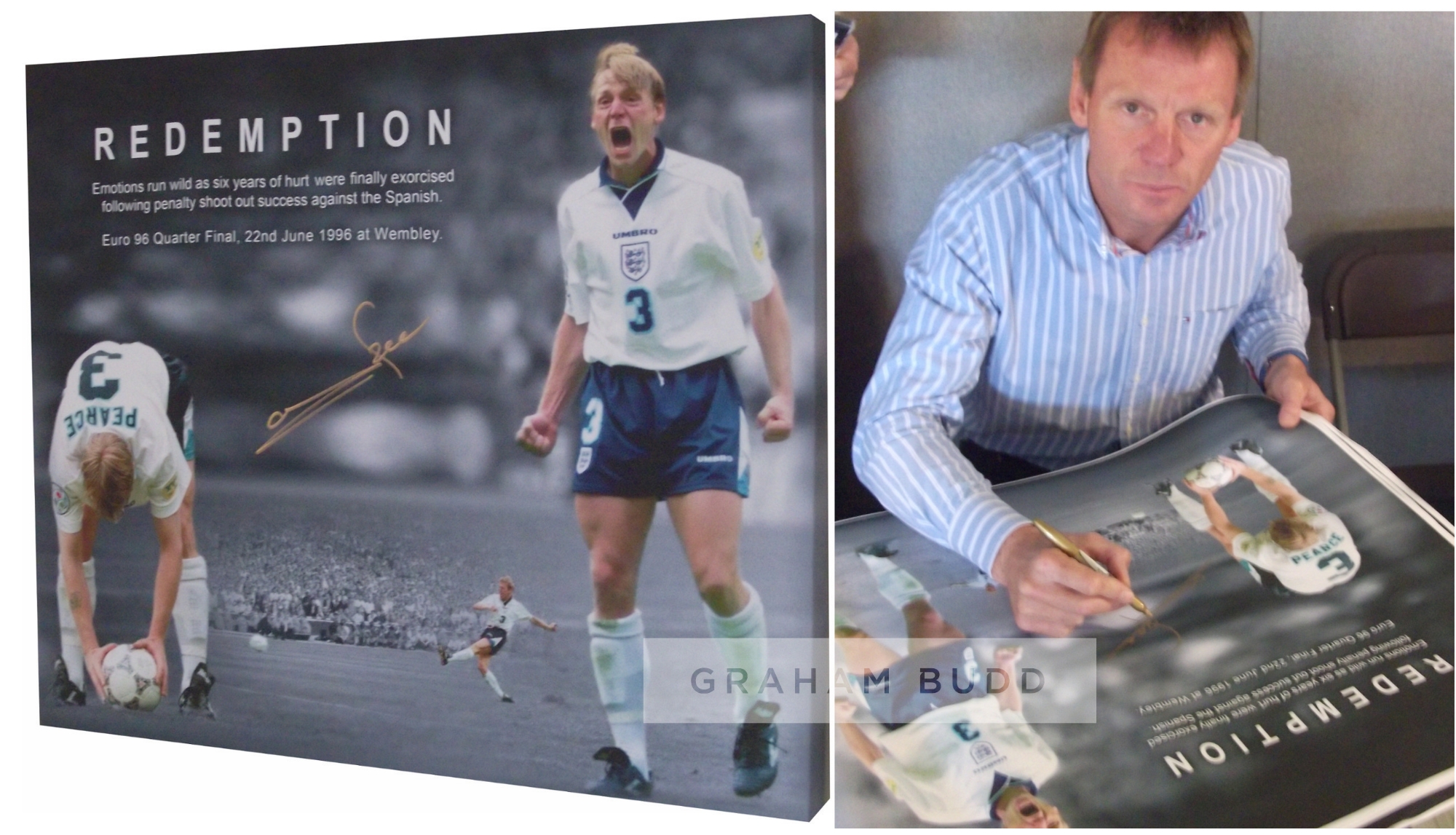 Euro 96 Stuart Pearce signed canvas titled “REDEMPTION”, it encaptures the moment Psycho scored