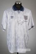Paul Gascoigne signed white England FIFA World Cup Italy '90 replica jersey,  Umbro, short-sleeved