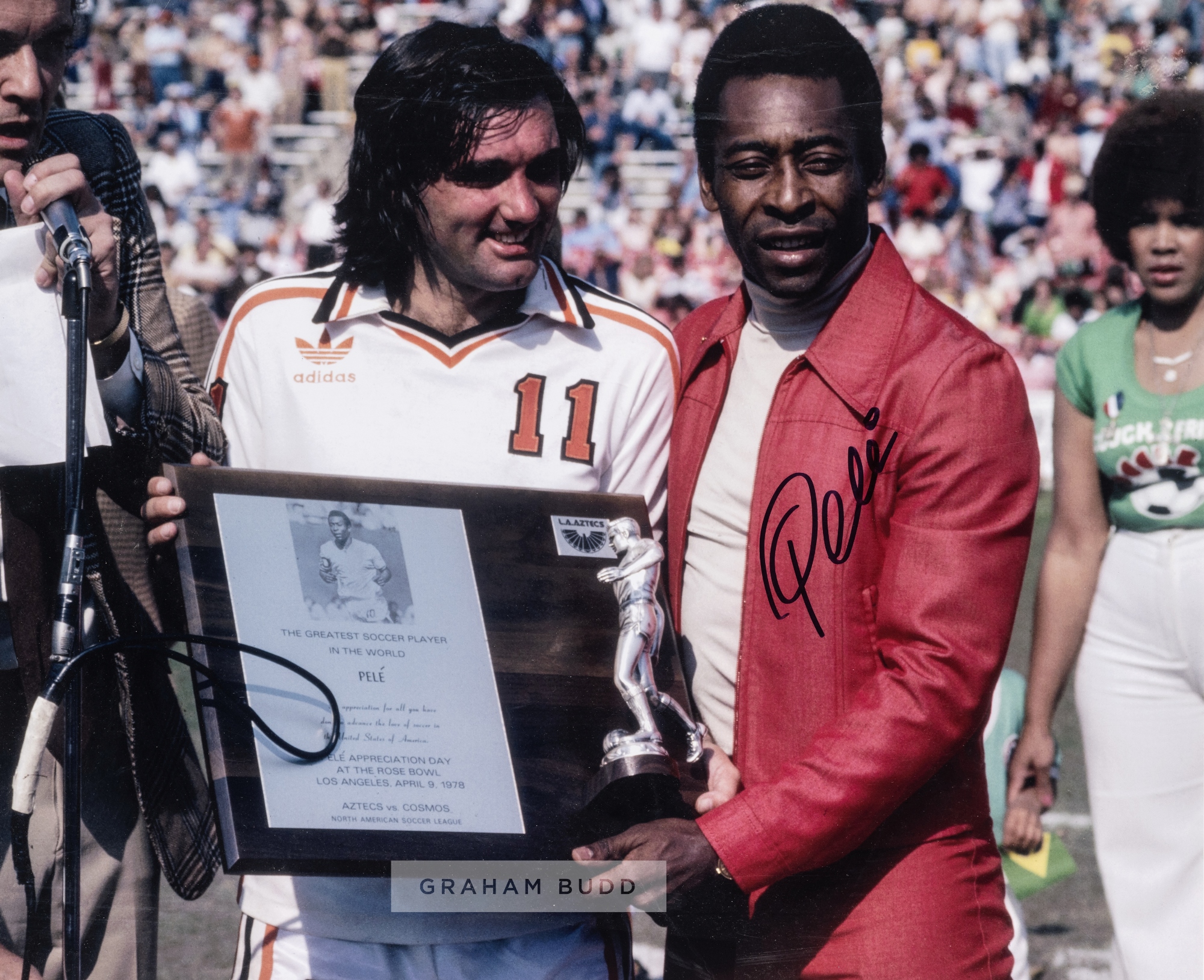 Pele signed colour photographic print receiving The Greatest Soccer Player in the World award from