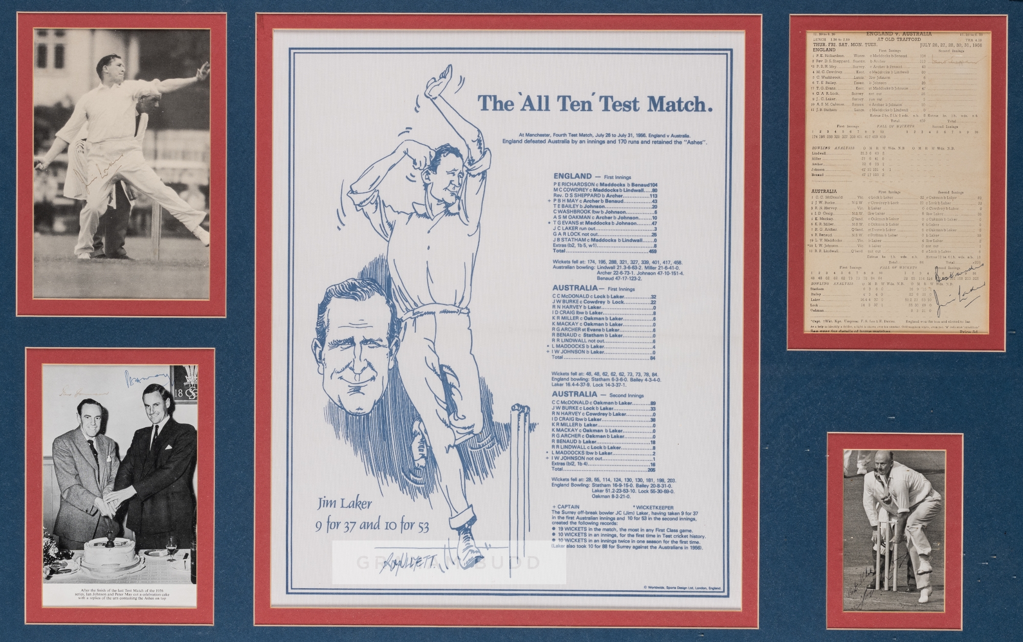 James Charles Laker "The All Ten Test Match" England v Australia 1956 cricket display, comprising