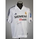 Steve McManaman signed white Real Madrid replica jersey,  Adidas, short-sleeved with UEFA STARBLL,
