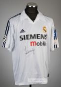 Steve McManaman signed white Real Madrid replica jersey,  Adidas, short-sleeved with UEFA STARBLL,