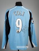 Andy Cole signed blue and black Fulham 125 Years no.9 away jersey, season 2004-05, Puma, long-