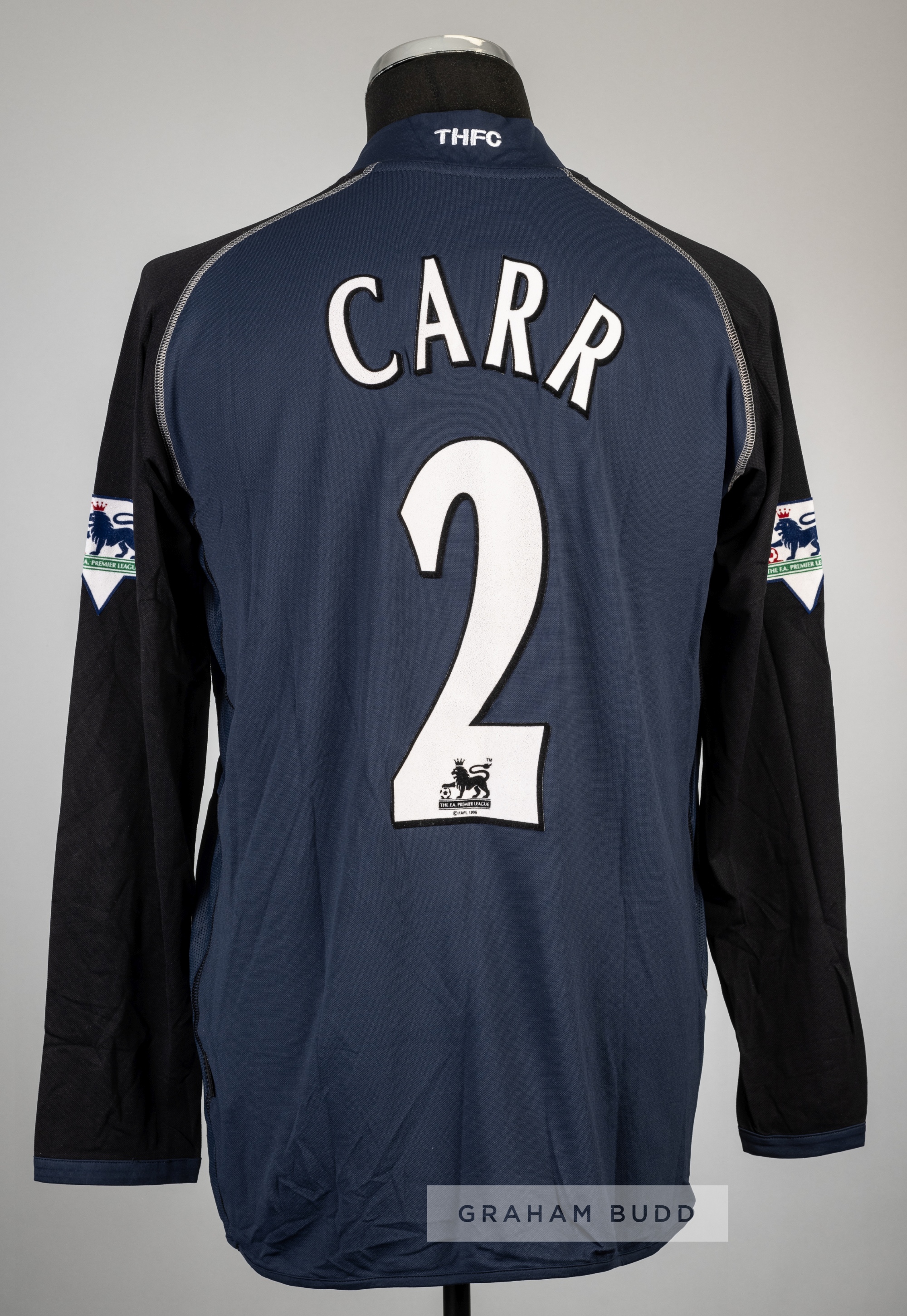 Stephen Carr navy and black Tottenham Hotspur no.2 away jersey v Bolton Wanderers, played at