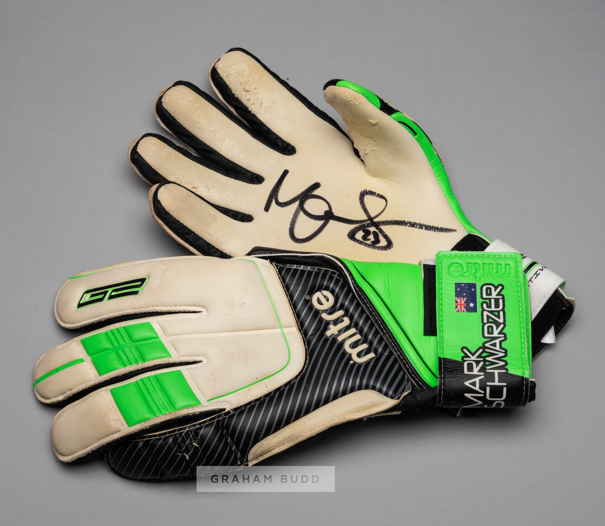 Mark Schwarzer signed Australia Mitre goalkeeper's gloves, white, green and black gloves printed