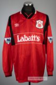 Stan Collymore red and black Nottingham Forest no.10 home jersey, season 1994-95, Umbro, long-