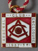 Arsenal red and white enamelled enclosure badge, season 1937-38,  bearing Arsenal AC monogram on red