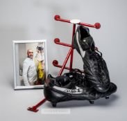 Eric Cantona signed Nike Premier football boots, black boots with silver Nike emblem, plastic studs,