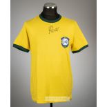 Pele signed yellow Brazil retro jersey,  Re-Take, short-sleeved with national emblem, signed in