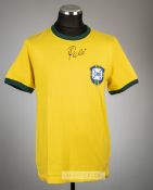 Pele signed yellow Brazil retro jersey,  Re-Take, short-sleeved with national emblem, signed in