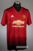Squad signed red and black Manchester United replica shirt, season 2018-19, Adidas, short-sleeved