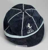 Kent County F.A. representative cap, navy velvet with light blue braiding, embroidered with crest