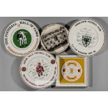 Collection of ceramic football commemorative plates, including Liverpool FC F.A. Cup Winners 1974