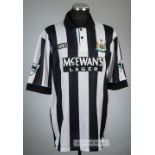 Andy Cole black and white striped Newcastle United no.9 home jersey, season 1993-94, Asics, shorts-
