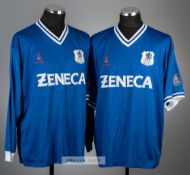 Two blue Macclesfield Town home jerseys, season 1998-99, comprising Stuart Whittaker blue no.11