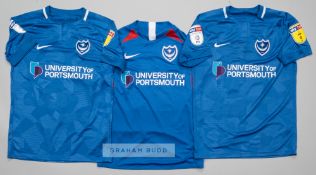 Three blue Portsmouth home jerseys, season 2018-19 and 2019-20, comprising signed Ronan Curtis no.11