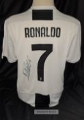 Cristiano Ronaldo signed black and white striped Juventus no.7 replica home jersey, season 2018-