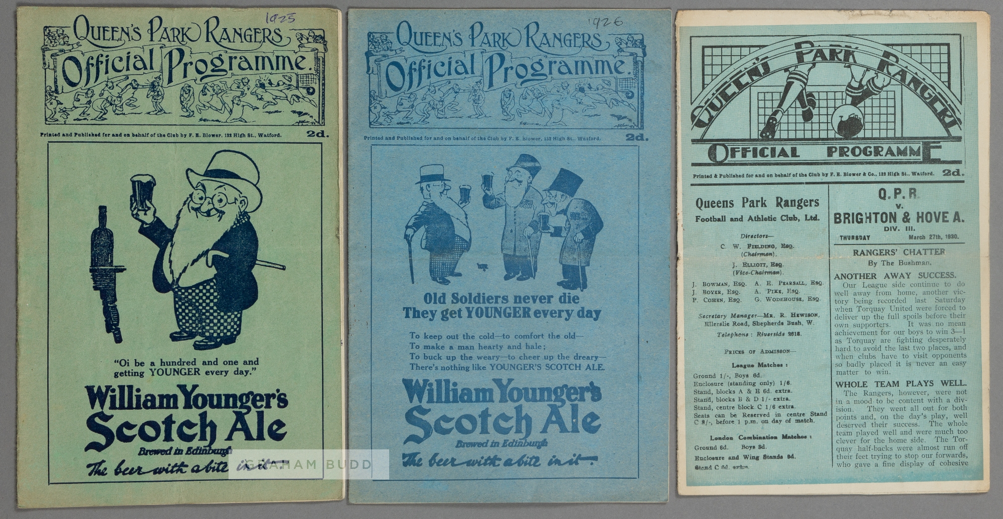 Three QPR home programmes, F.L. Division Three (South) v Watford 17th October 1925, Bristol City