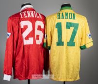 Two Swindon Town home and away football jerseys, season 1993-94, comprising Chris Hamon yellow and