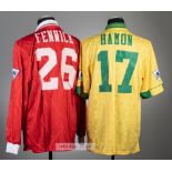 Two Swindon Town home and away football jerseys, season 1993-94, comprising Chris Hamon yellow and