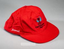Arsenal red UEFA Cup Winners' Cup baseball cap worn by Ray Parlour,  red cap embroidered UEFA CUP