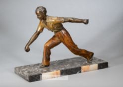 “Championat” sculpture cold painted figure of a male youth playing boules, circa 1930s, mounted on a