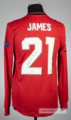 Daniel James signed red Manchester United no.21 home jersey, season 2018-20, adidas, long-sleeved