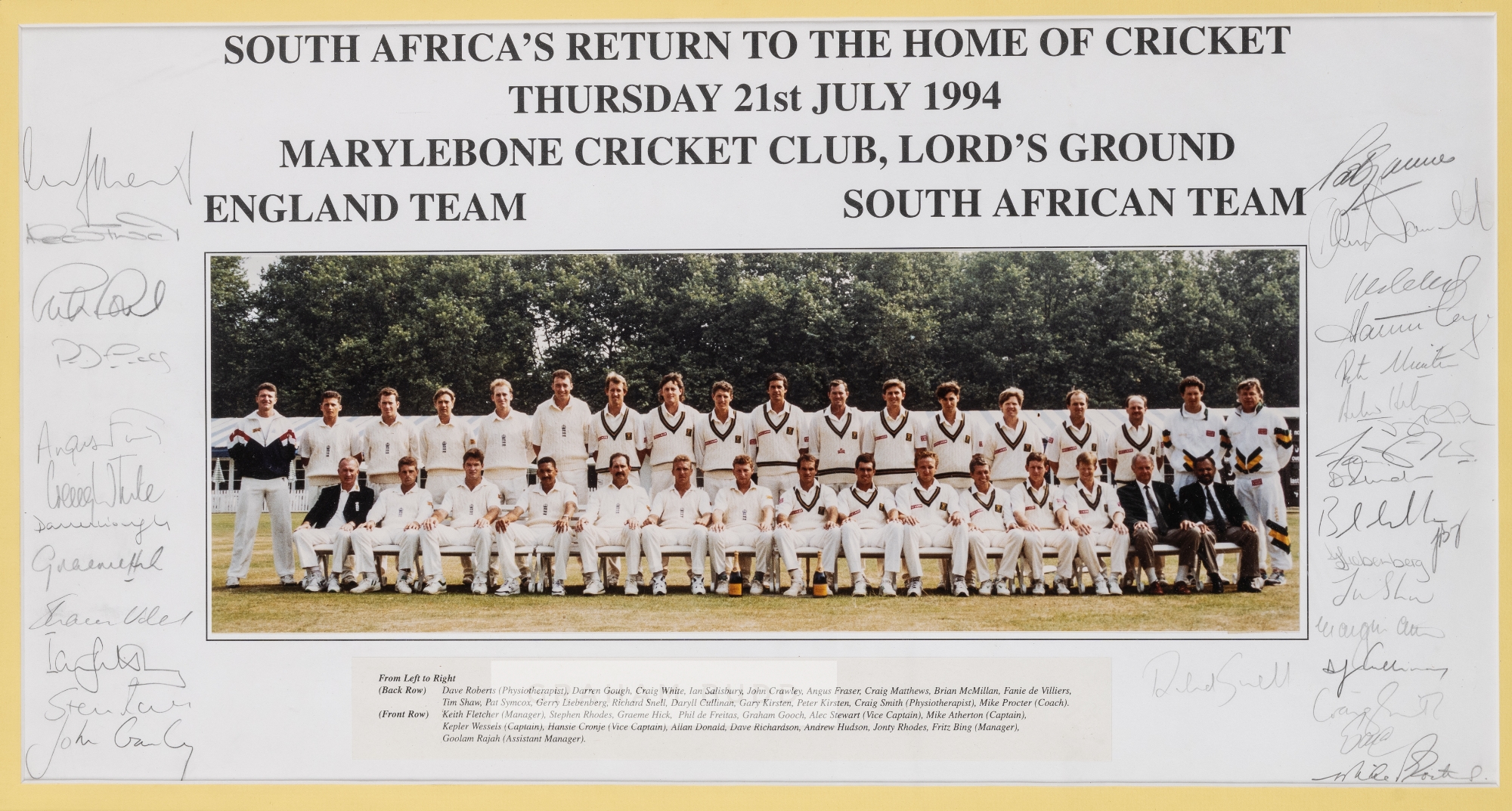 Signed England v South Africa team photograph on their return to the home of cricket Lord's