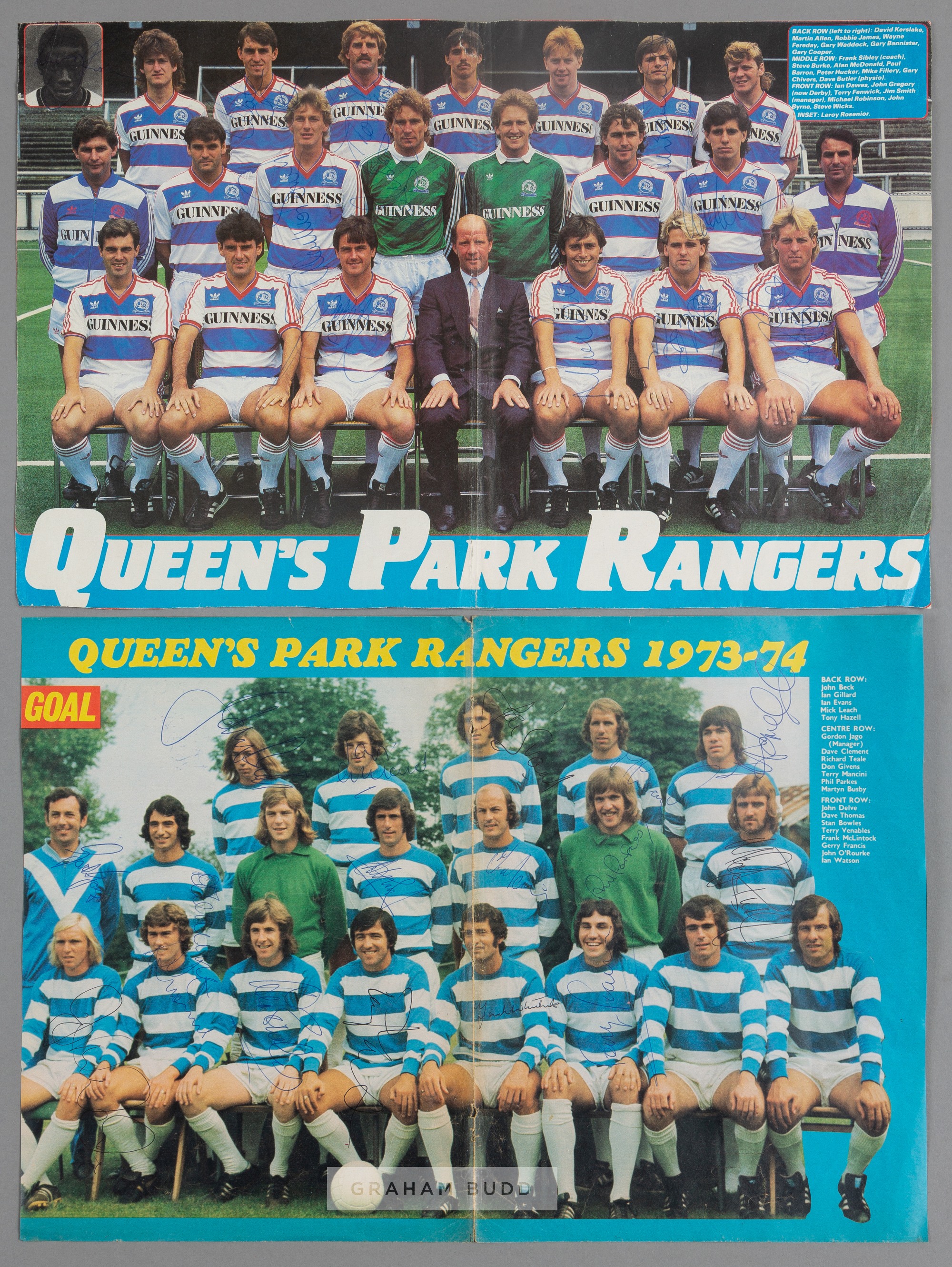 Queen's Park Rangers 1973-74 and 1980-81 autographed large colour double page team photographs,