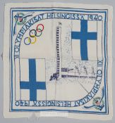 Helsinki 1940 Cancelled Olympic Games souvenir handkerchief, featuring the Olympic rings and Finland